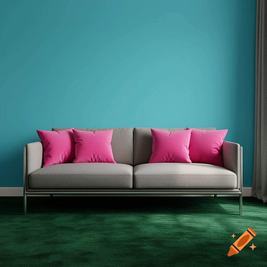 A modern living room with a grey sofa, pink cushions, a teal wall, and green carpet.