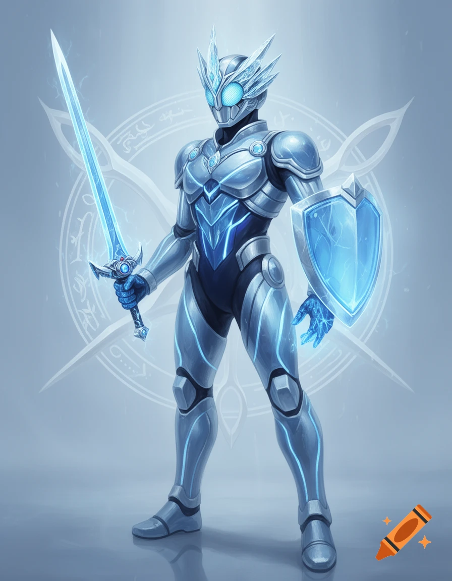 A full body shot of a blue and silver armored hero with a crystal-like helmet, holding an energy sword and shield.