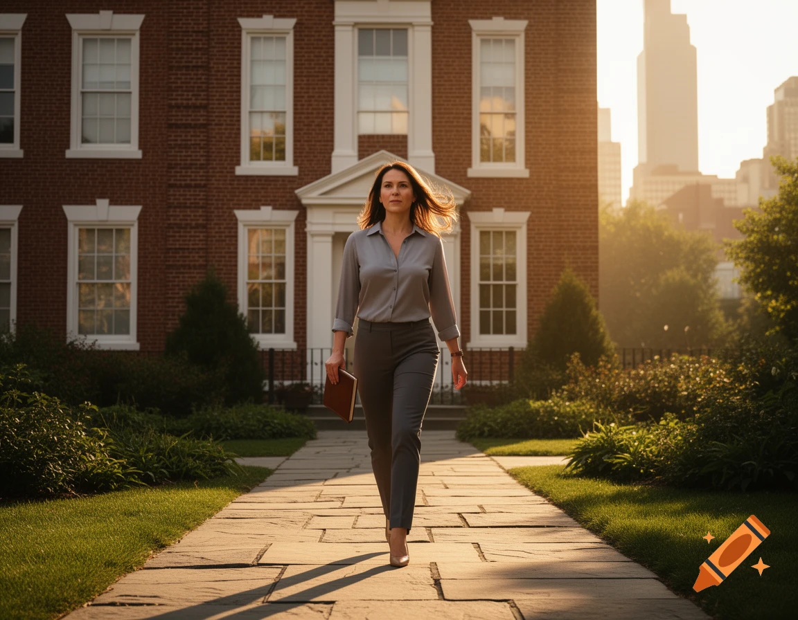 A professional woman in a grey outfit walks on a stone path away from a brick building, with a city skyline glowing in the warm light of sunset.