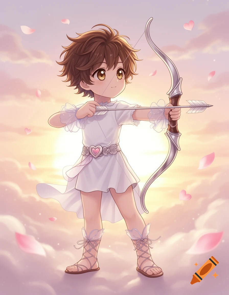 A cute anime boy dressed as Cupid, holding a silver bow and arrow, stands on clouds against a sunset sky with falling pink petals.