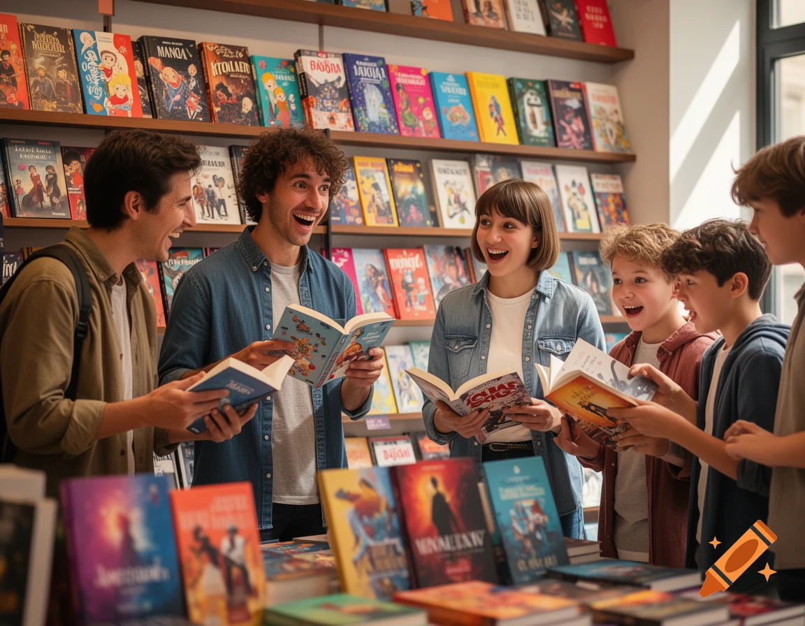 A group of smiling adults and children happily look at books in a brightly lit bookstore, with colorful shelves in the background. Photorealistic style.