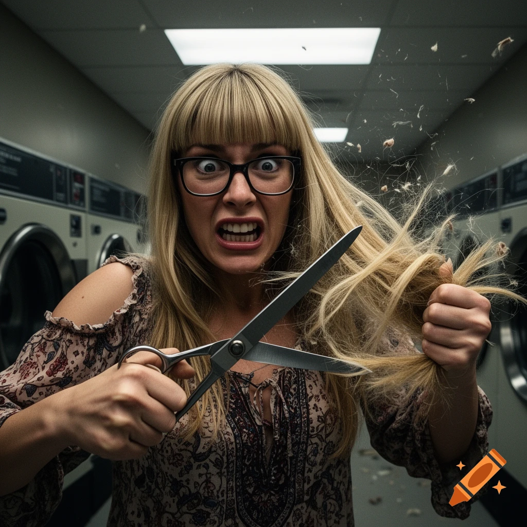 A distressed woman in glasses with wide eyes holds scissors to her blonde hair, which is being cut in a laundry room, with hair flying around.