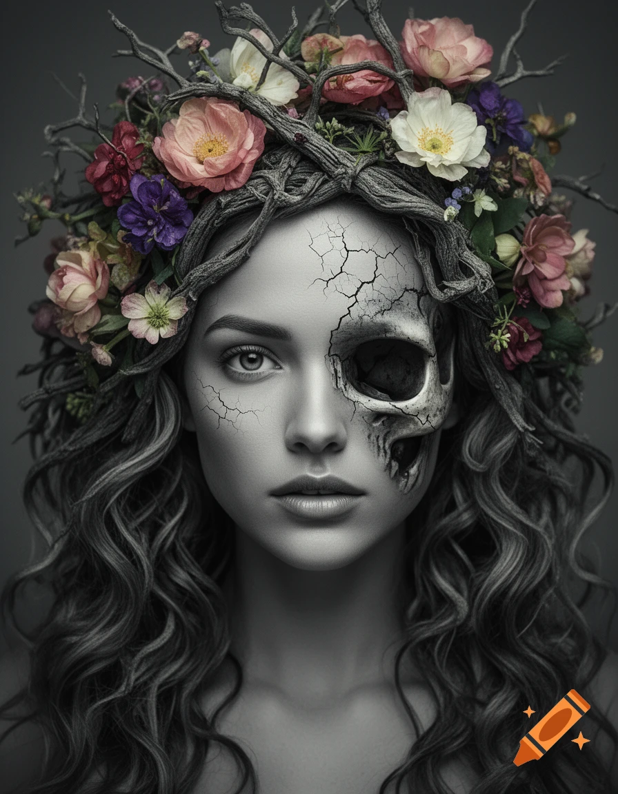 A woman's face, half human and half skull, adorned with a crown of branches and colorful flowers, on a dark background.