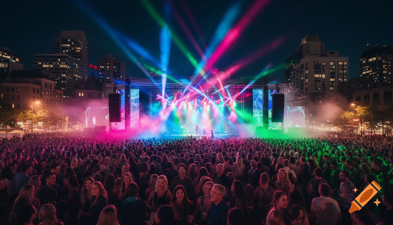 A large crowd attends an outdoor music festival at night, illuminated by vibrant blue, green, and pink stage lights over a city skyline.