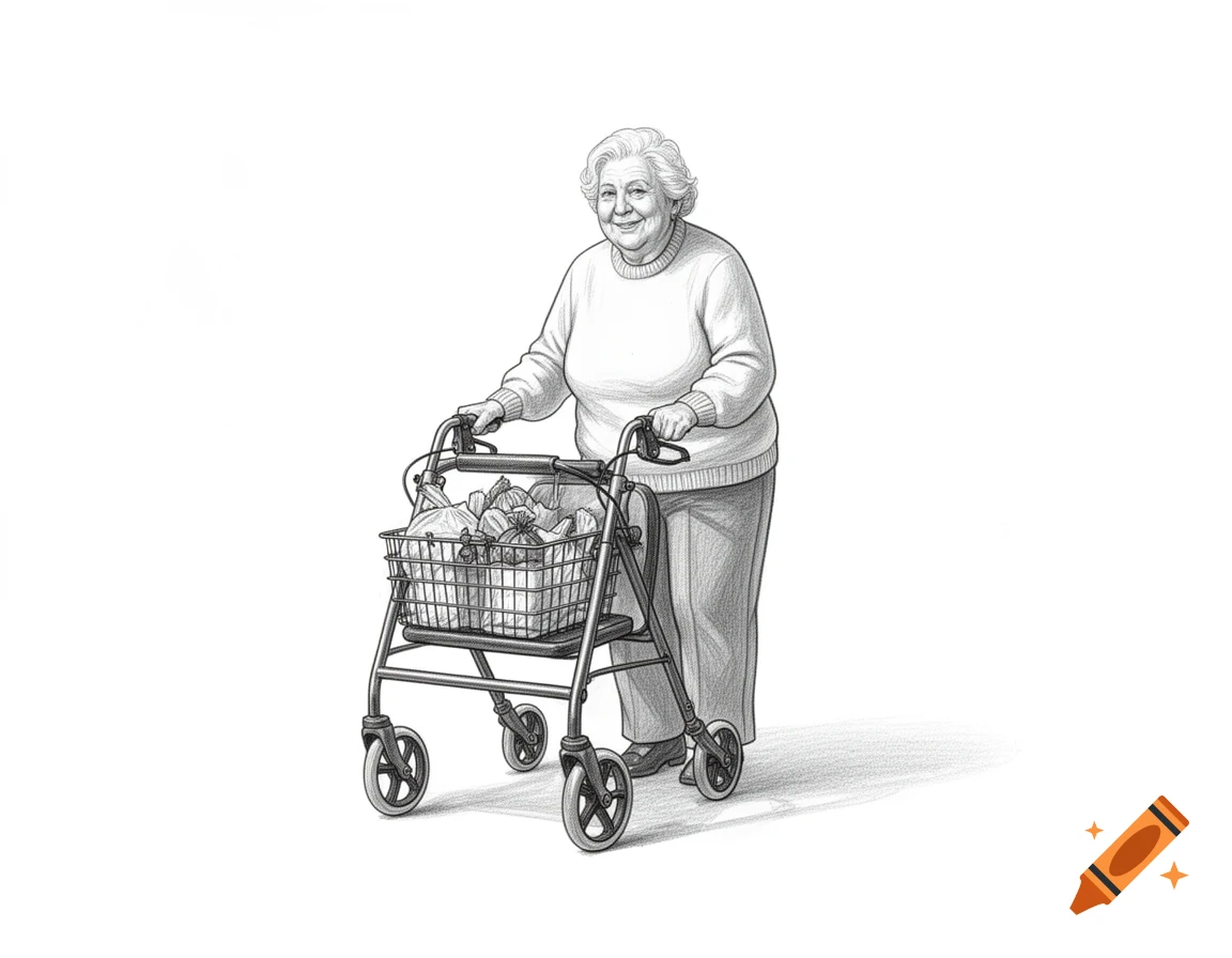 Pencil drawing of a smiling elderly woman using a walker with groceries in its basket, on a white background.