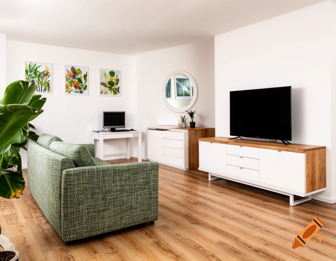 A modern living room with a green sofa, wood laminate floor, and white walls featuring a TV, desk, and plant art.