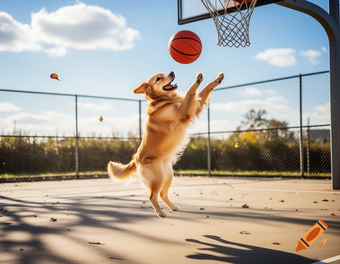 A golden retriever leaps to catch a basketball near a hoop on an outdoor court under a sunny sky.