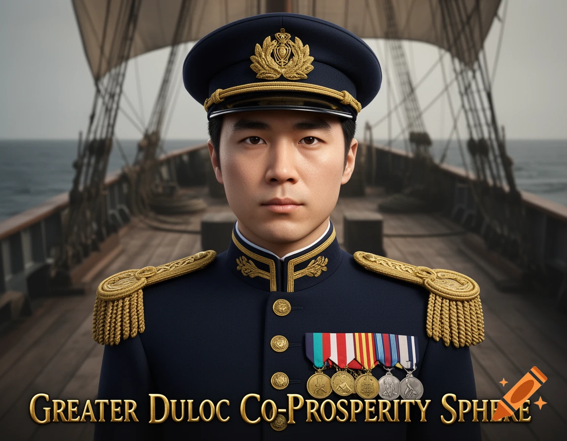 A man in a detailed blue and gold naval officer uniform stands on a ship's deck, with text "Greater Duloc Co-Prosperity Sphere" below.
