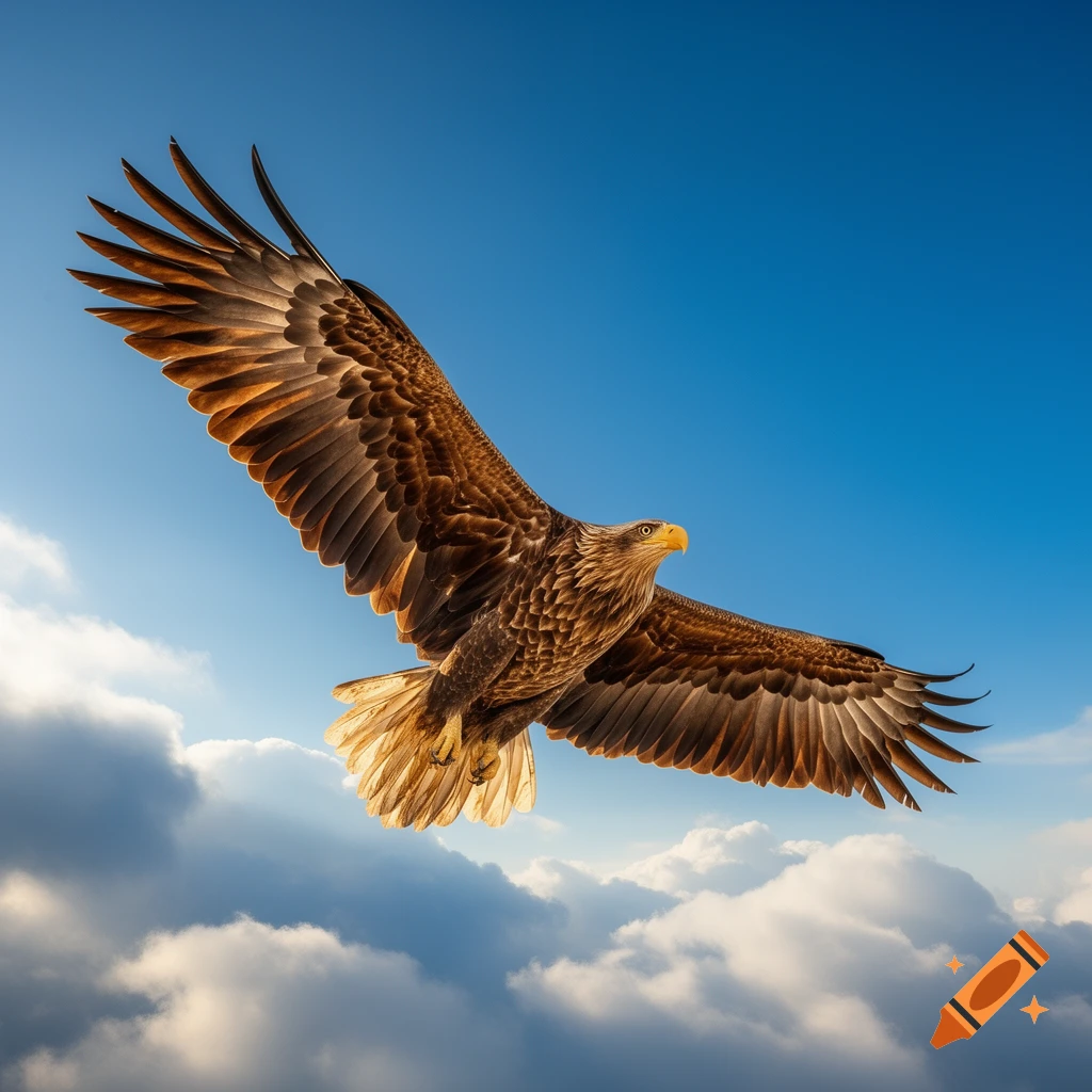A majestic brown eagle with outstretched wings soars against a bright blue sky filled with white clouds.