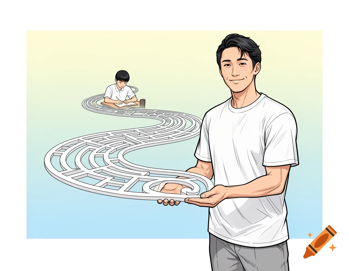 A man in a white t-shirt holds a winding maze path, at the end of which a student studies. Digital illustration.