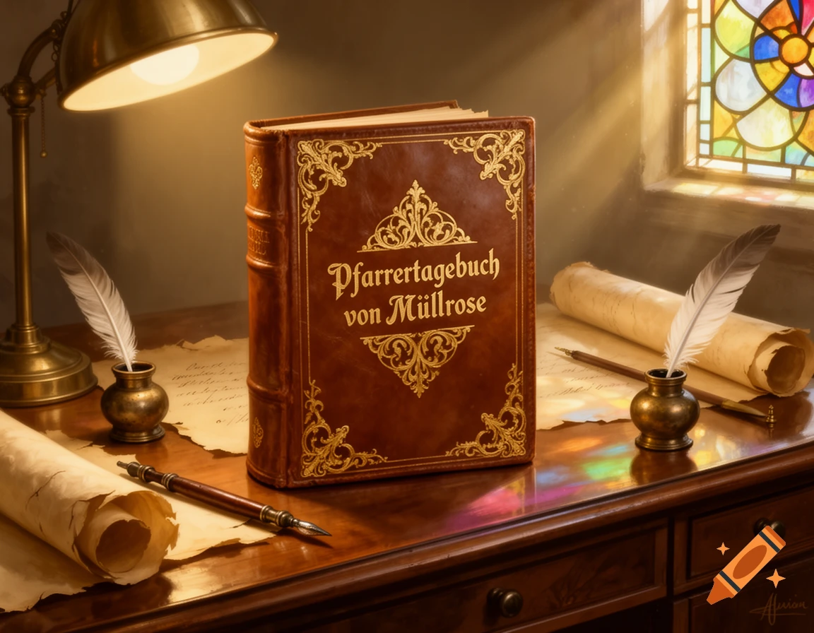 An ornate brown book 'Pfarrertagebuch von Müllrose' on a wooden desk with quills, inkwells, and scrolls, lit by a lamp and stained glass window.