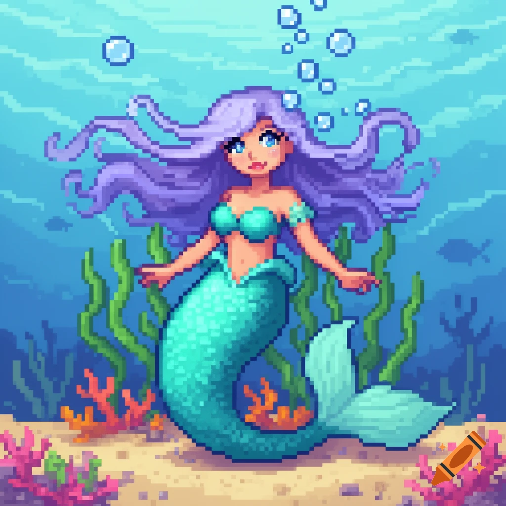 A pixel art mermaid with purple hair and teal tail swims in a vibrant underwater scene with coral and seaweed.
