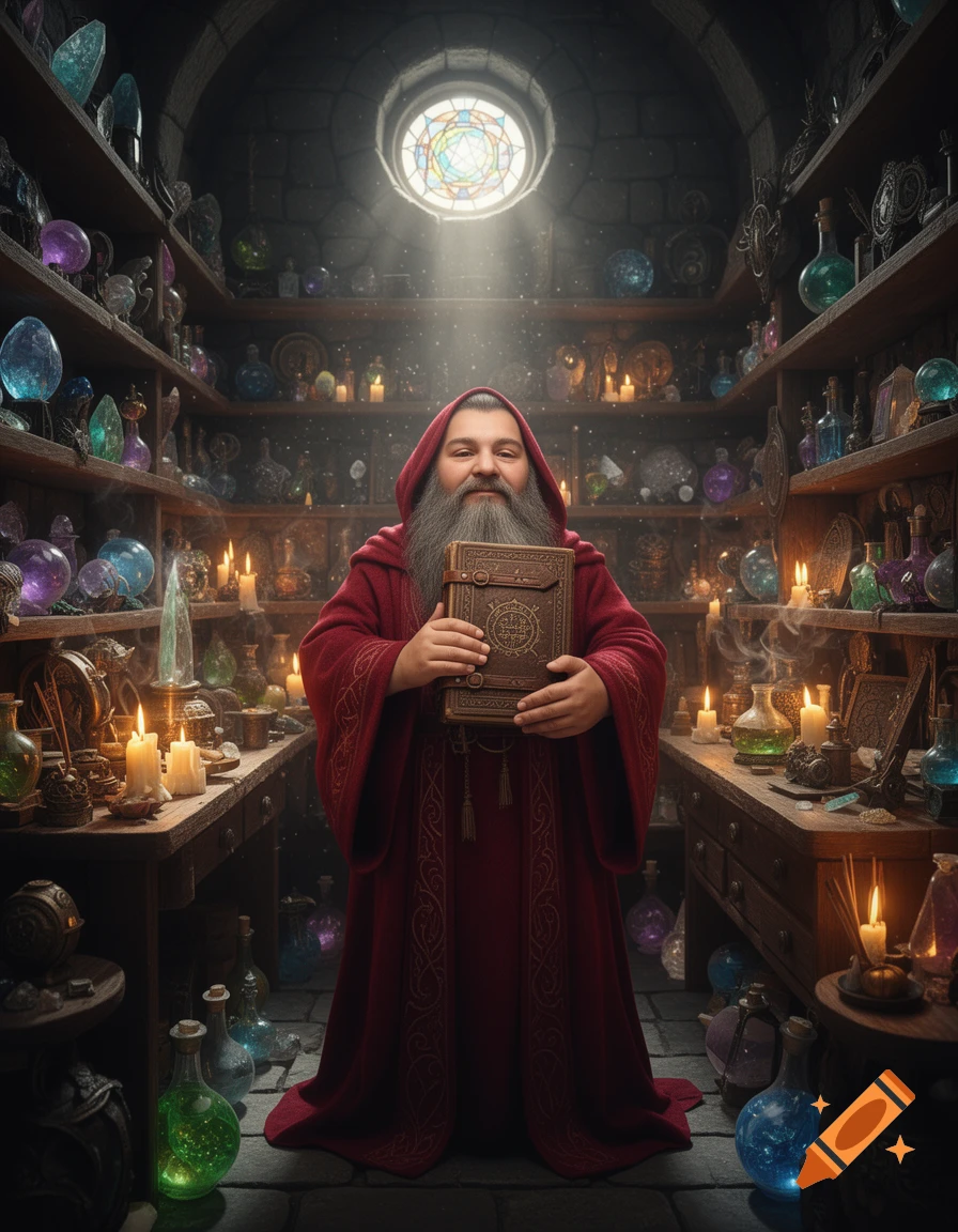 A bearded wizard in a red robe holds a tome in a dimly lit magical shop filled with glowing potions, crystals, and candles.