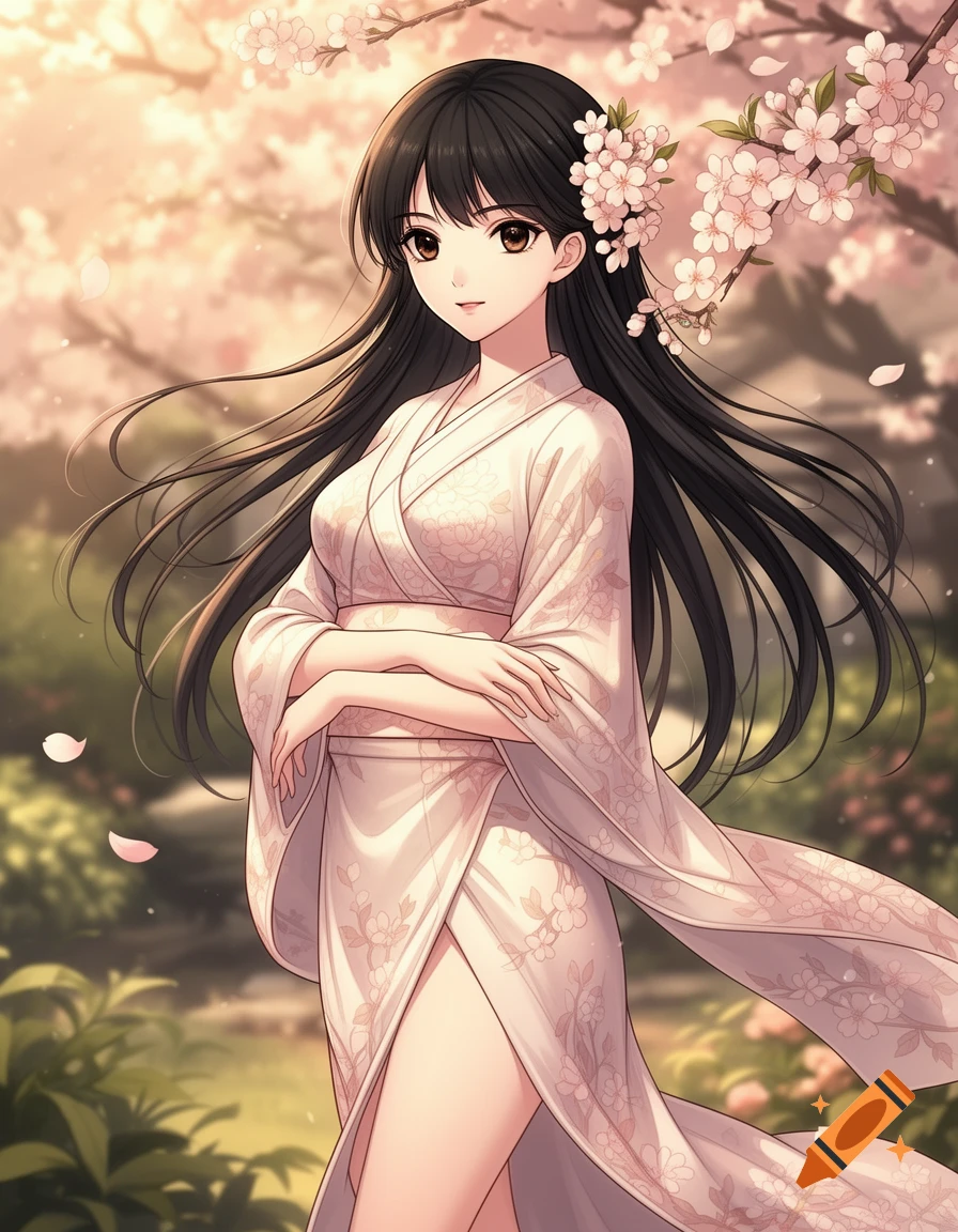 An anime-style Asian girl in a white floral kimono stands among pink cherry blossoms, looking forward.