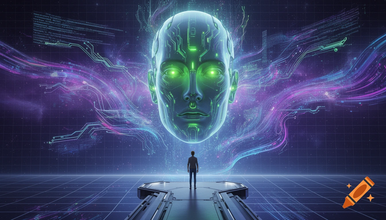 A human stands before a colossal glowing AI head in a vibrant digital void with cosmic data streams, futuristic and dramatic.