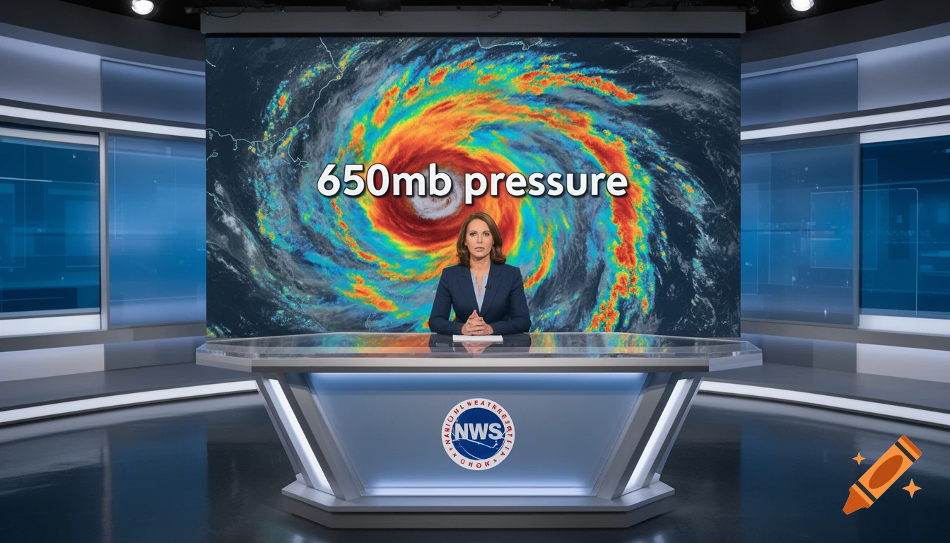 A news anchor sits at a desk in a studio, with a large screen behind her displaying a colorful hurricane map and the text "650mb pressure".