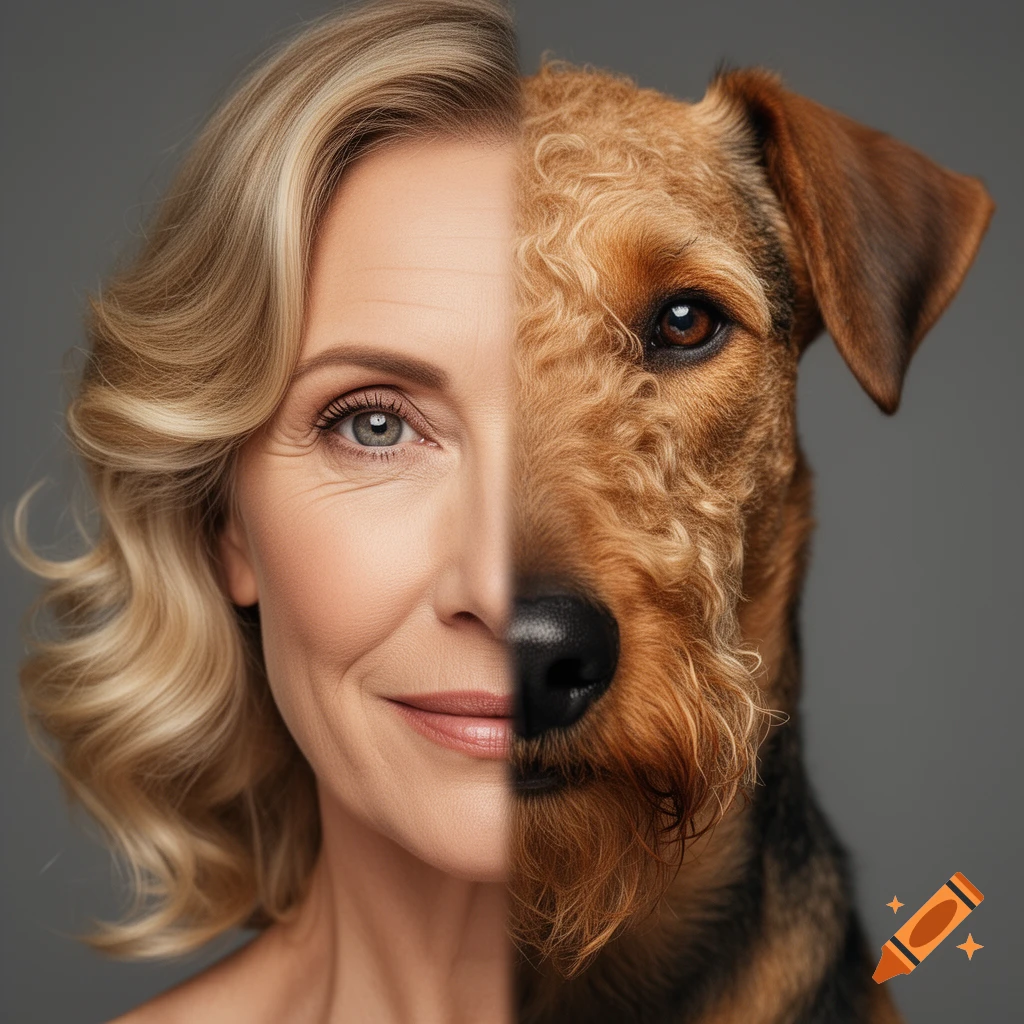 Photorealistic split portrait of a woman's face and an Airedale Terrier's face, merged seamlessly.