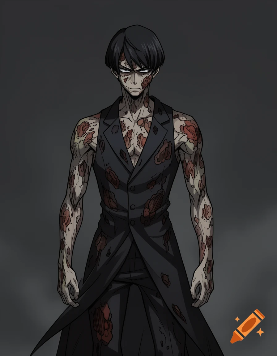 An anime-style zombie man with dark hair, a scowling expression, and exposed flesh patches on his body, wearing a long dark vest.