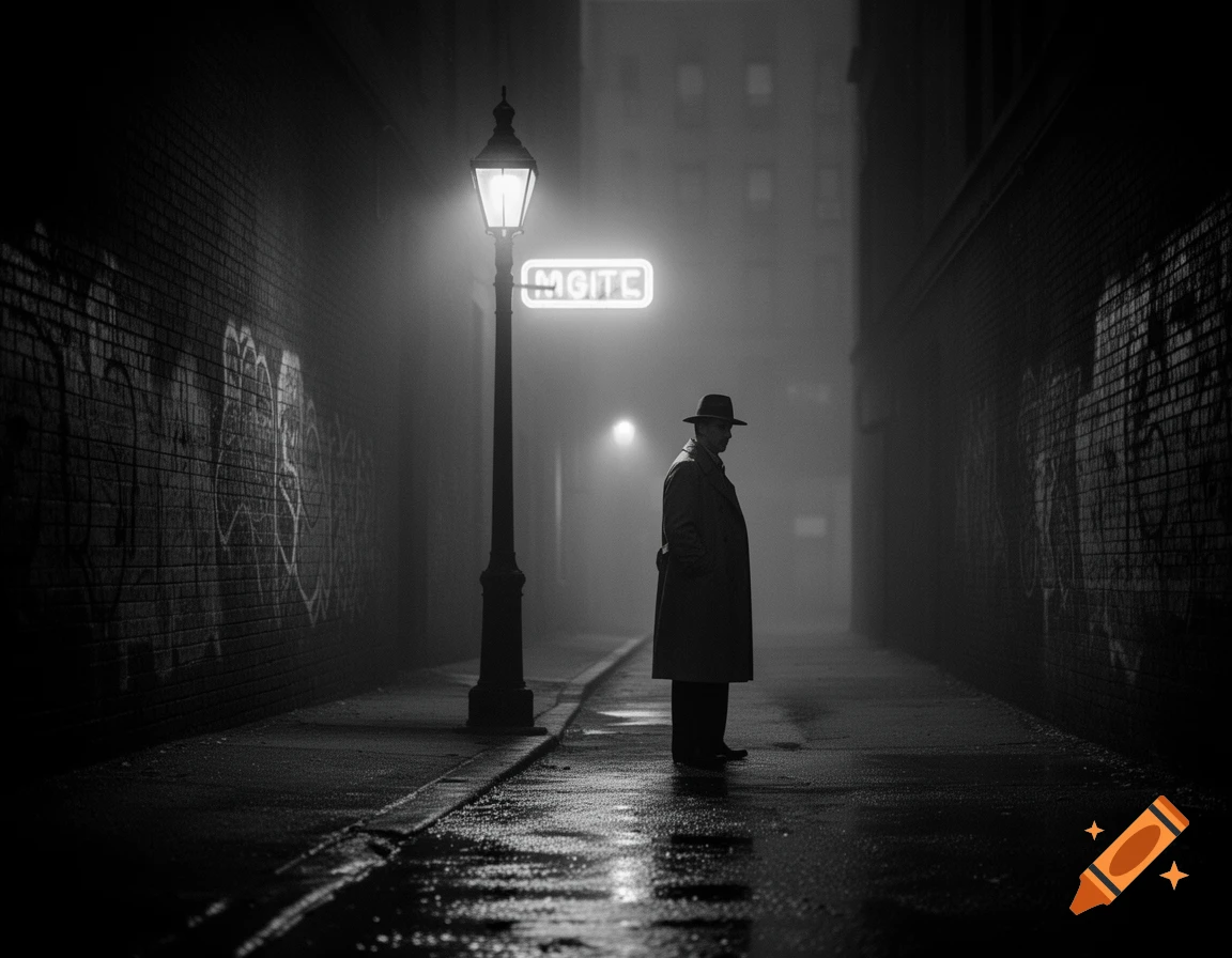 A man in a trench coat and fedora stands in a dark, foggy urban alley at night, illuminated by a streetlamp and neon sign.