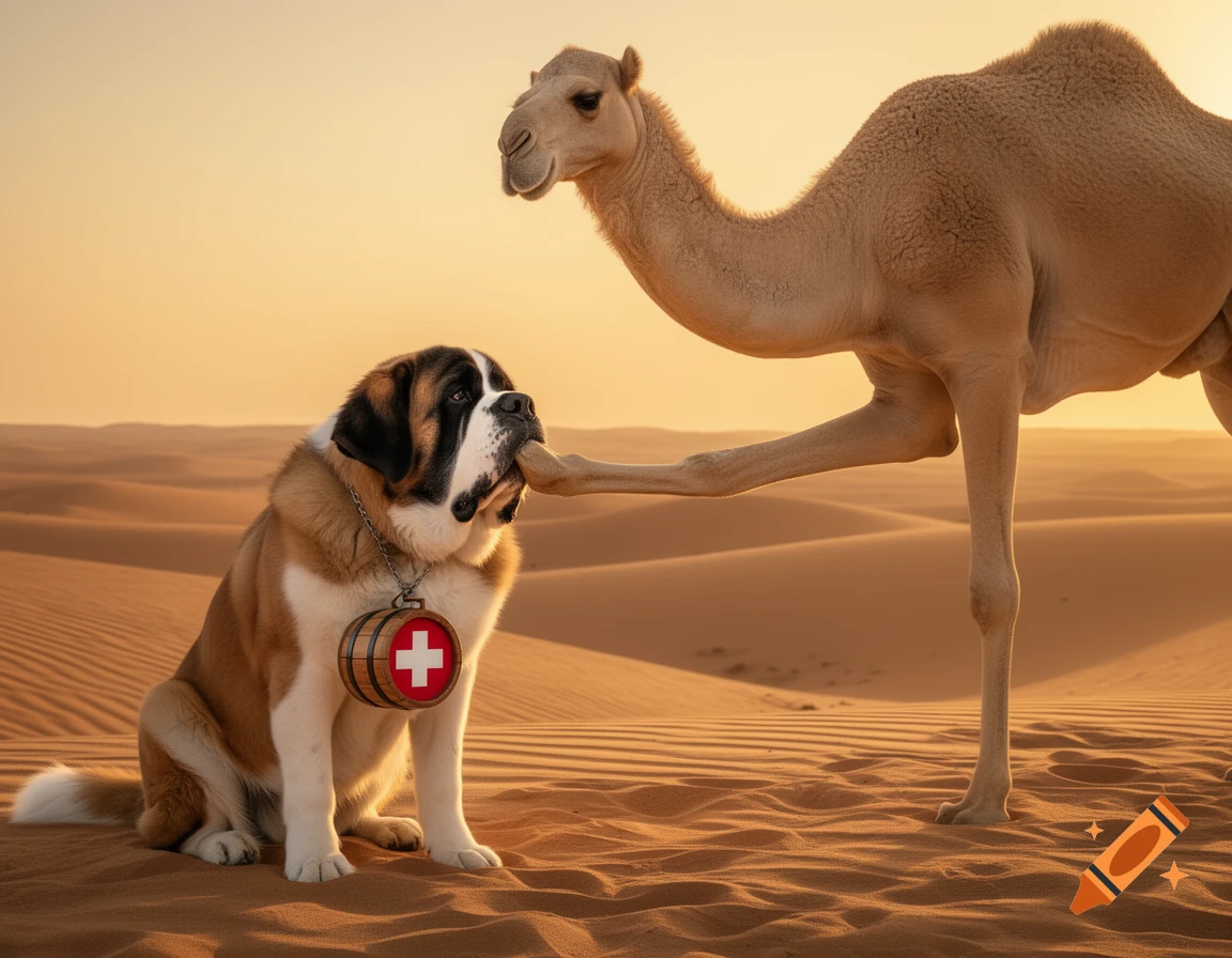 A photorealistic image of a Saint Bernard dog with a Swiss cross barrel collar playfully biting a camel's leg in a golden desert at sunset.
