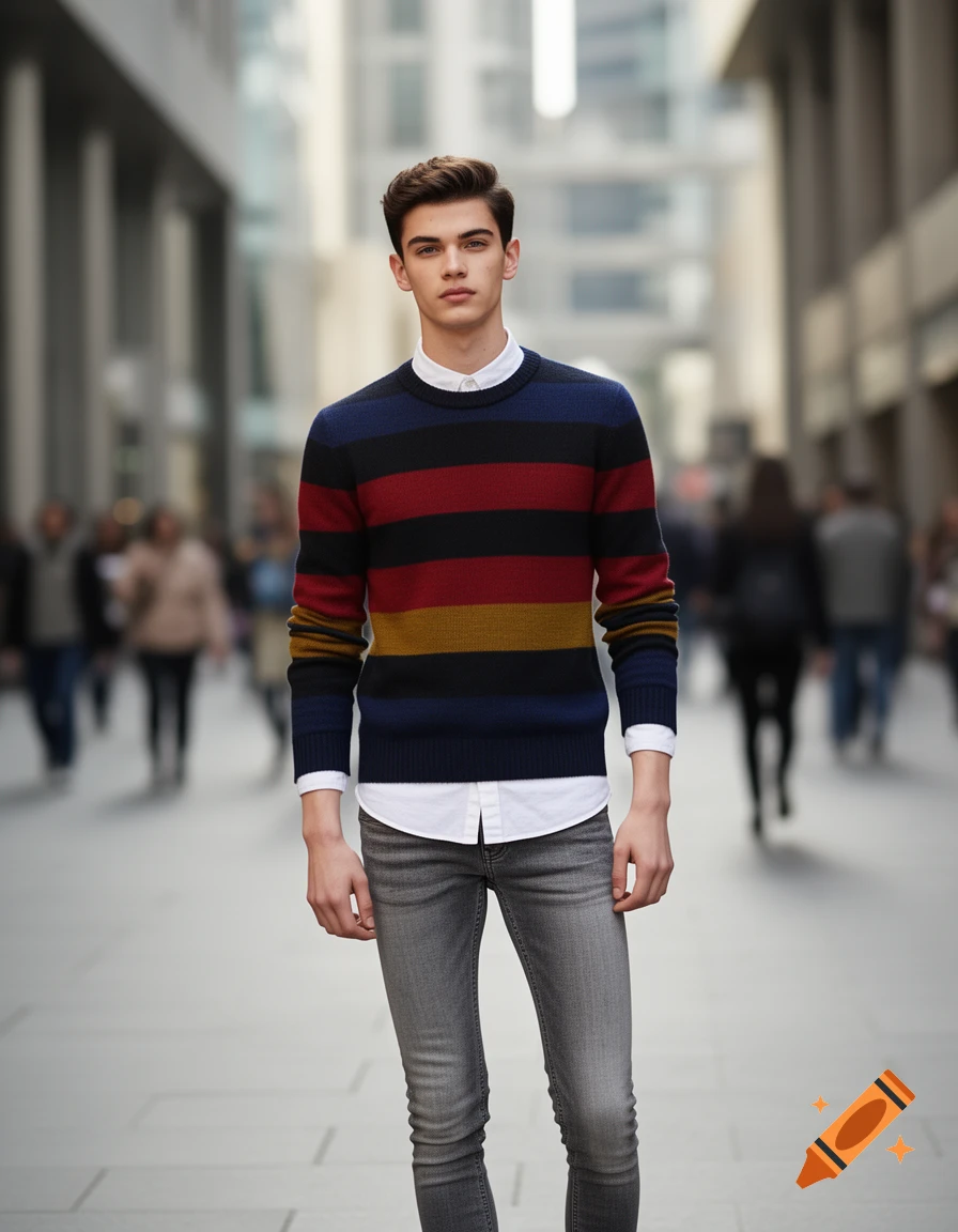 A slim young man in a striped sweater, white shirt, and skinny jeans stands in a blurred city street.