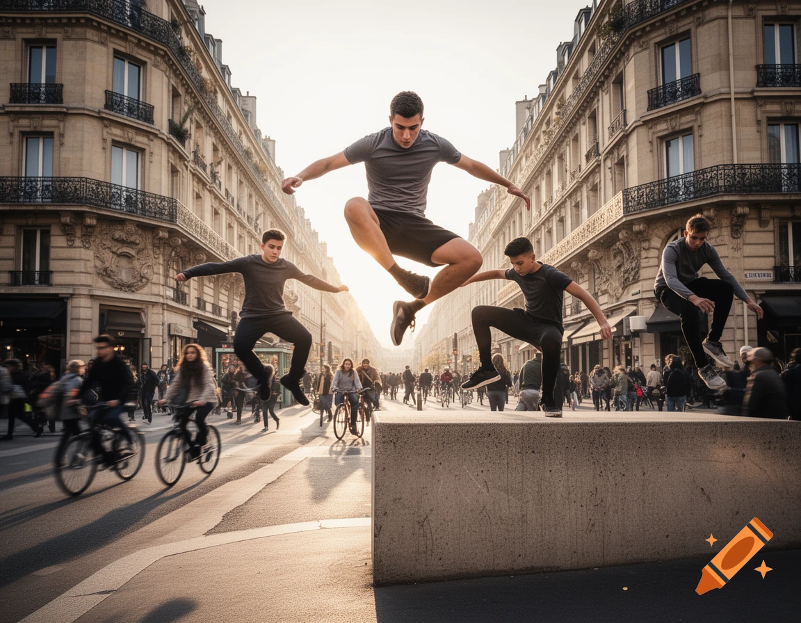 Young men perform parkour stunts in a sunlit European city street with historic buildings and bustling crowds.