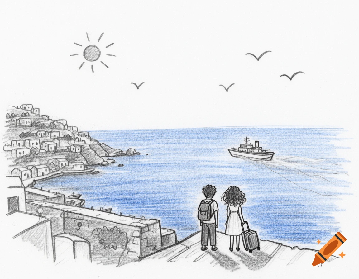 A pencil sketch of two people on a Greek island cliff watching a ship sail on the sea, with a town and sun in the background.