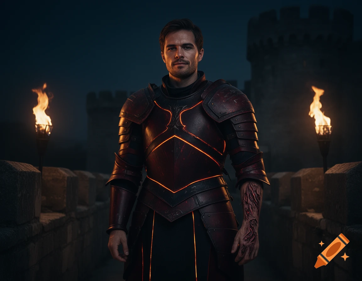 A man in glowing red and black fantasy armor stands on a castle wall at night, illuminated by torches.