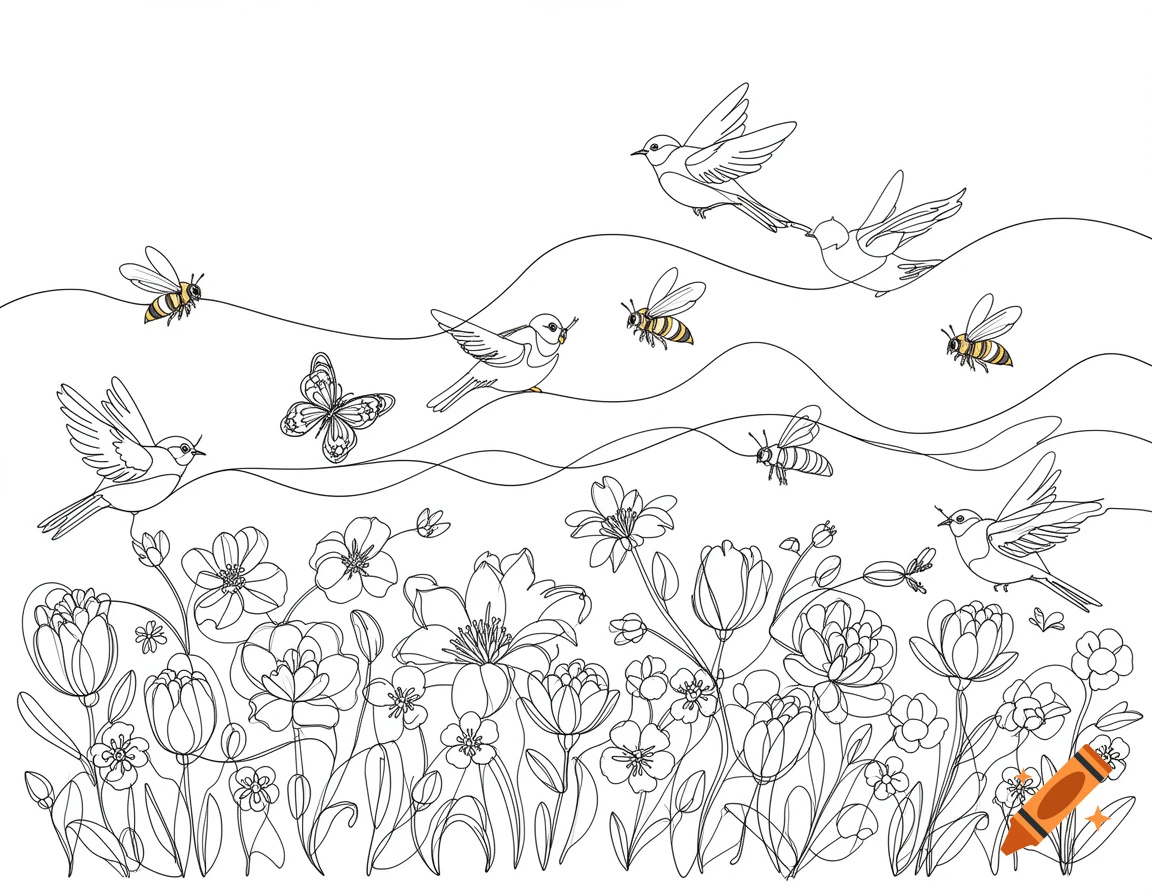 A continuous line drawing of spring flowers, birds, bees, and butterflies on a white background.