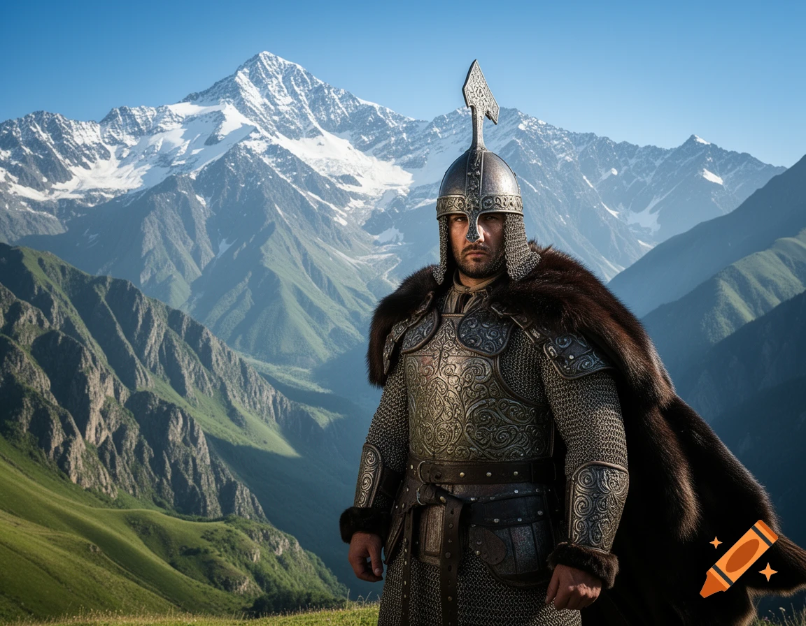 An Alanic warrior in ornate chainmail and fur cape stands against a majestic, snow-capped mountain range under a clear blue sky.