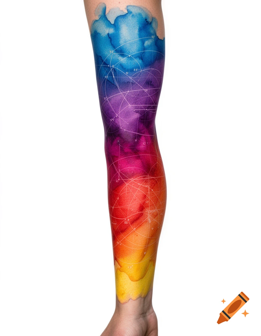 A leg with a full-sleeve watercolor tattoo in a vibrant rainbow gradient with geometric lines.