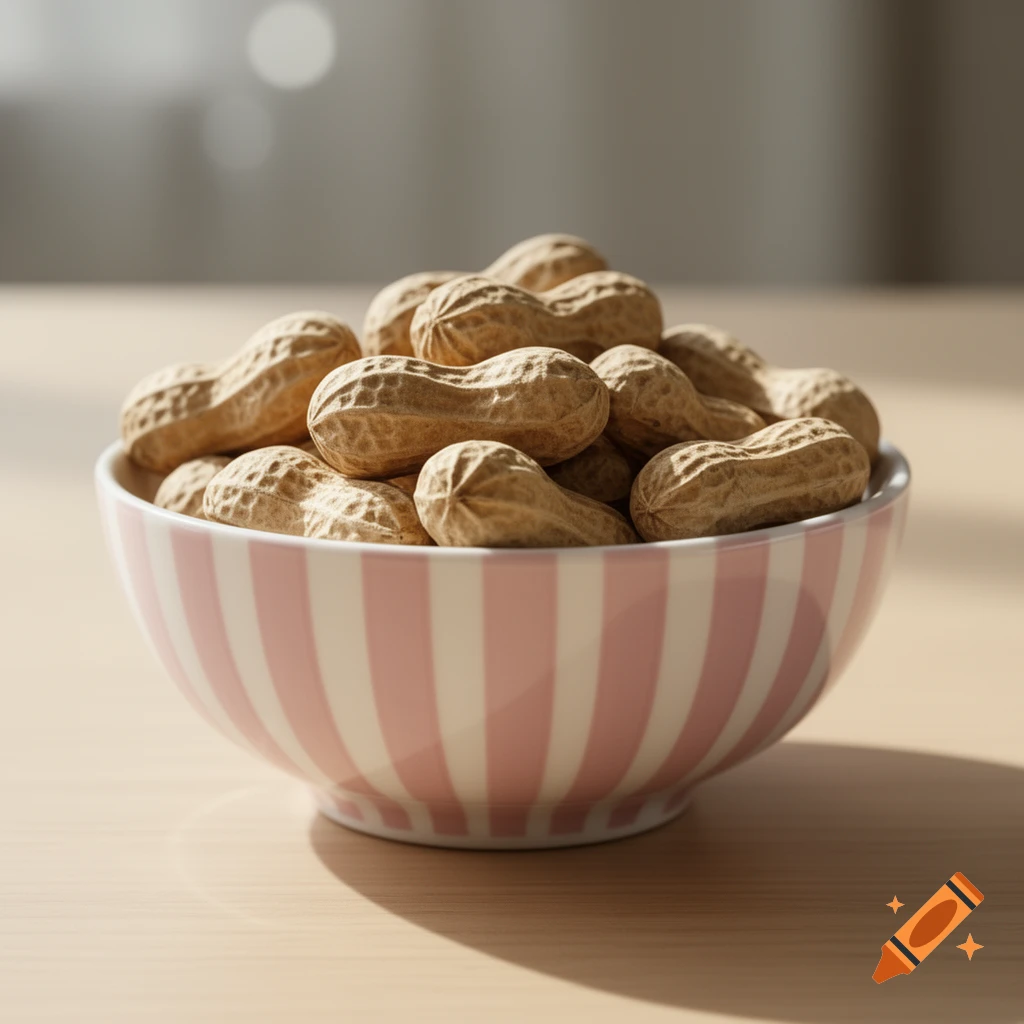 Close-up of whole peanuts in a pink and white striped bowl on a light table.