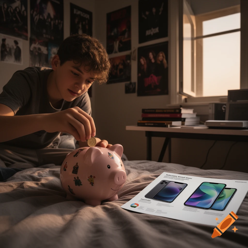 A photorealistic image of a teenager sitting on a bed, placing a coin into a pink piggy bank. A phone advertisement lies on the bed.