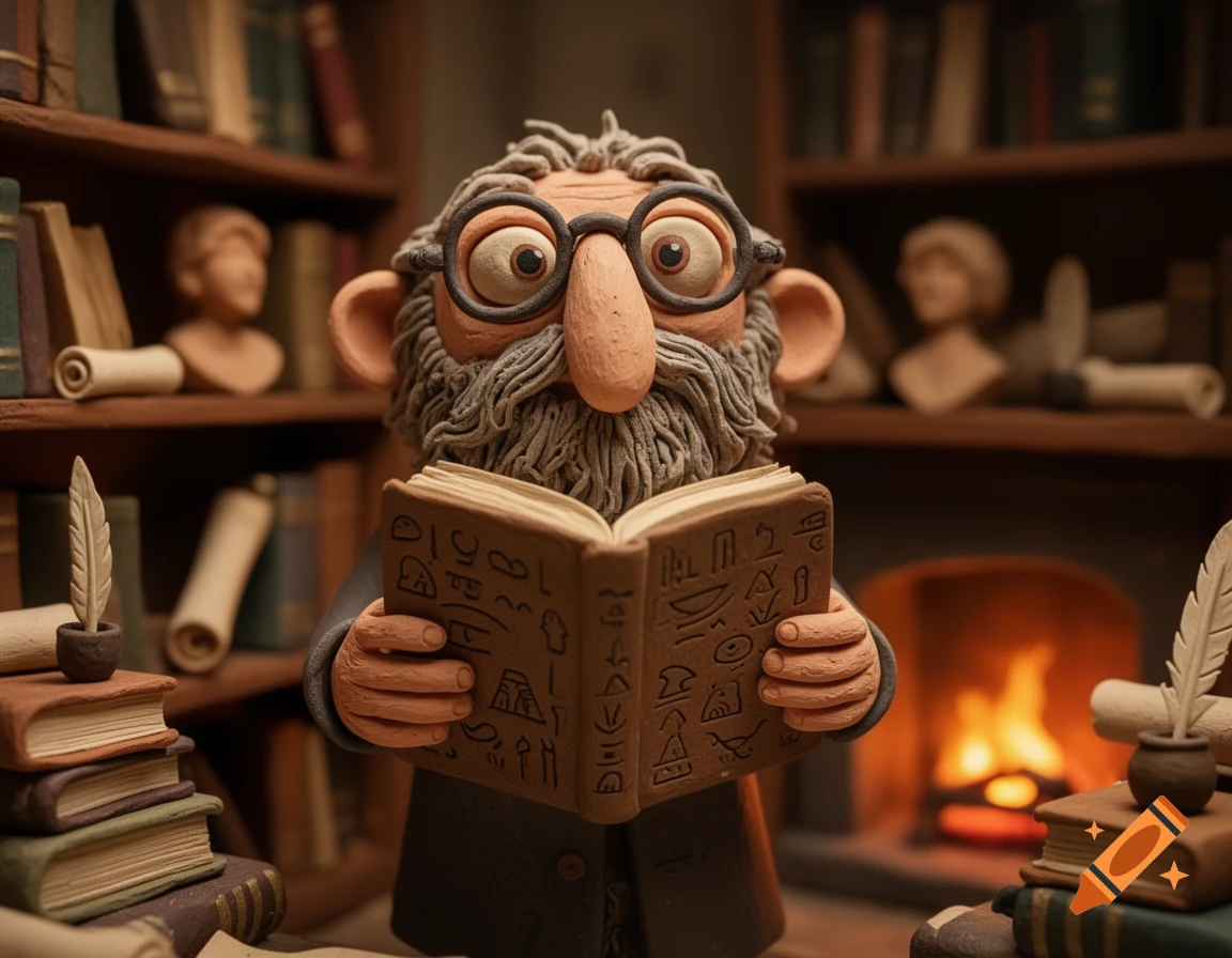 A claymation-style character with a long beard and glasses, reading a book in a cozy library with a fireplace.