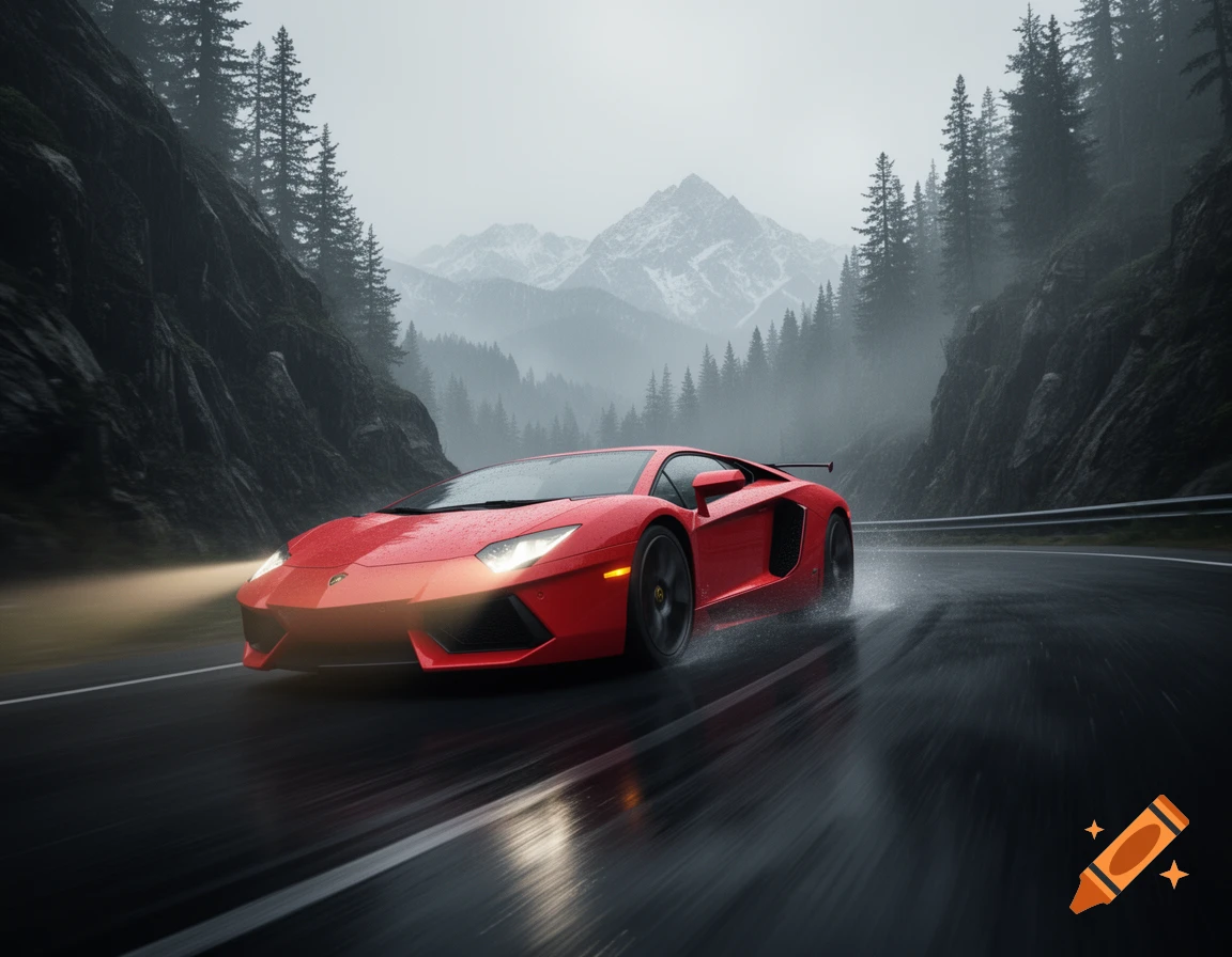 Red Lamborghini sports car driving on a wet mountain road amidst misty forests and snowy peaks, photorealistic.