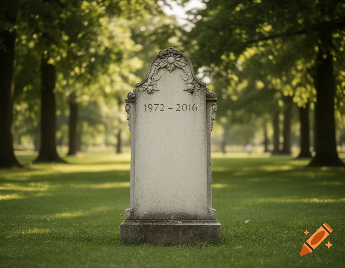 A white tombstone with the years '1972 - 2016' engraved on it, standing in a sunny, green cemetery with trees in the background.