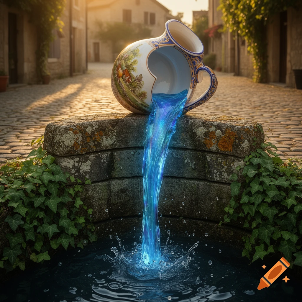 A decorative jug on a stone well pours glowing blue water into a pool, in a sunlit village street.