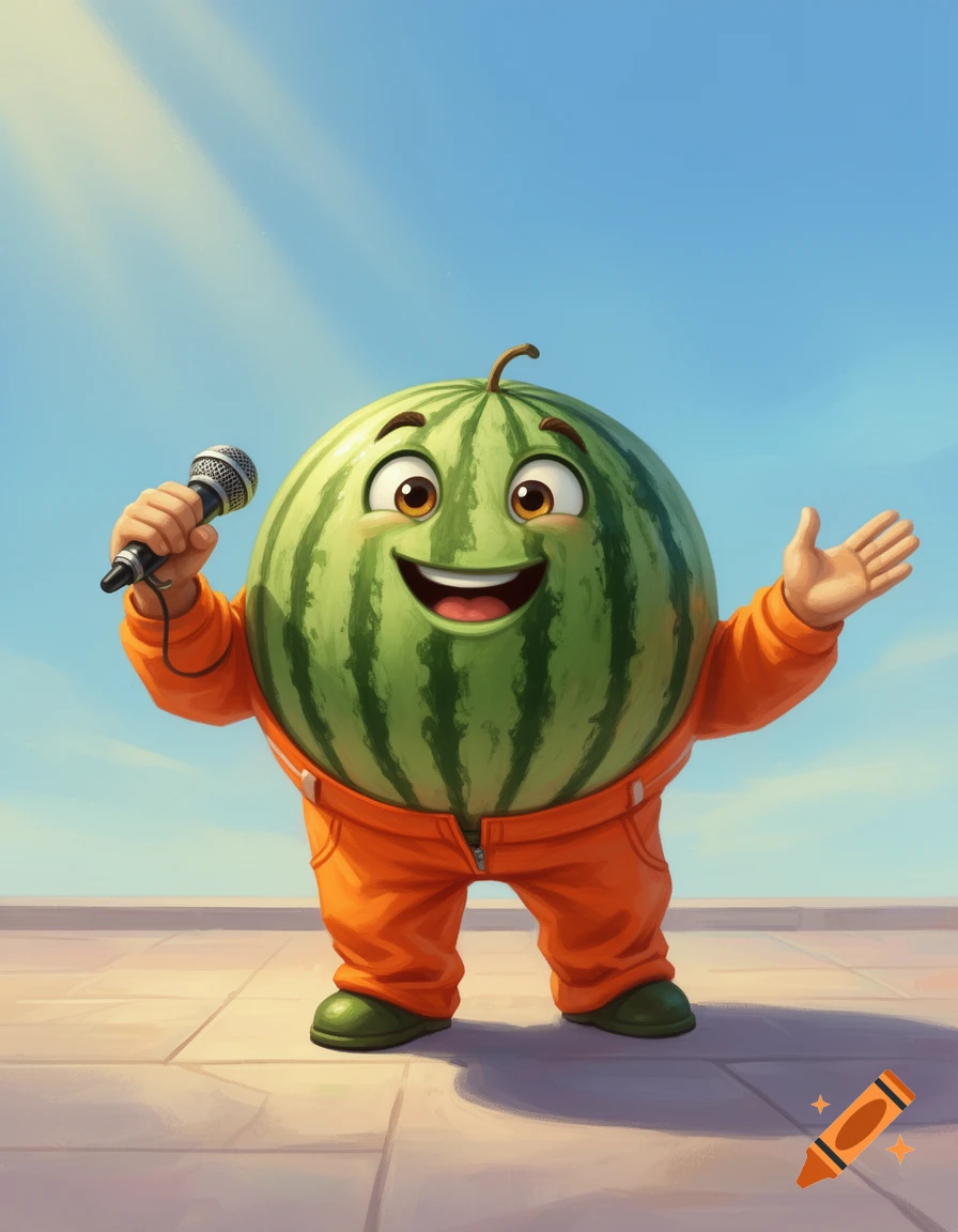 A cheerful cartoon watermelon character in an orange jumpsuit holds a microphone on a tiled ground under a bright blue sky.