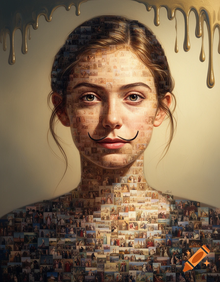 Photorealistic portrait of a young woman with a Salvador Dali-style mustache, her skin composed of a mosaic of tiny images. Gold liquid drips from above.