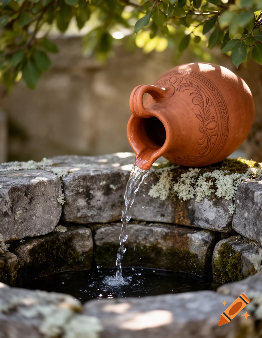 A terracotta jug with intricate patterns pours water into a moss-covered stone well, surrounded by green foliage in a photorealistic style.