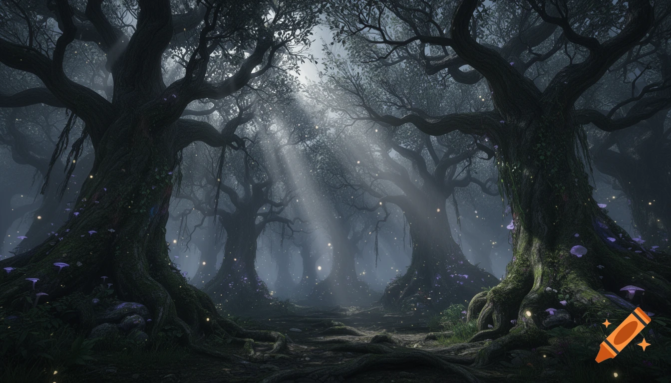 A dark, magical forest path between gnarled trees with glowing particles, light rays, and purple mushrooms.