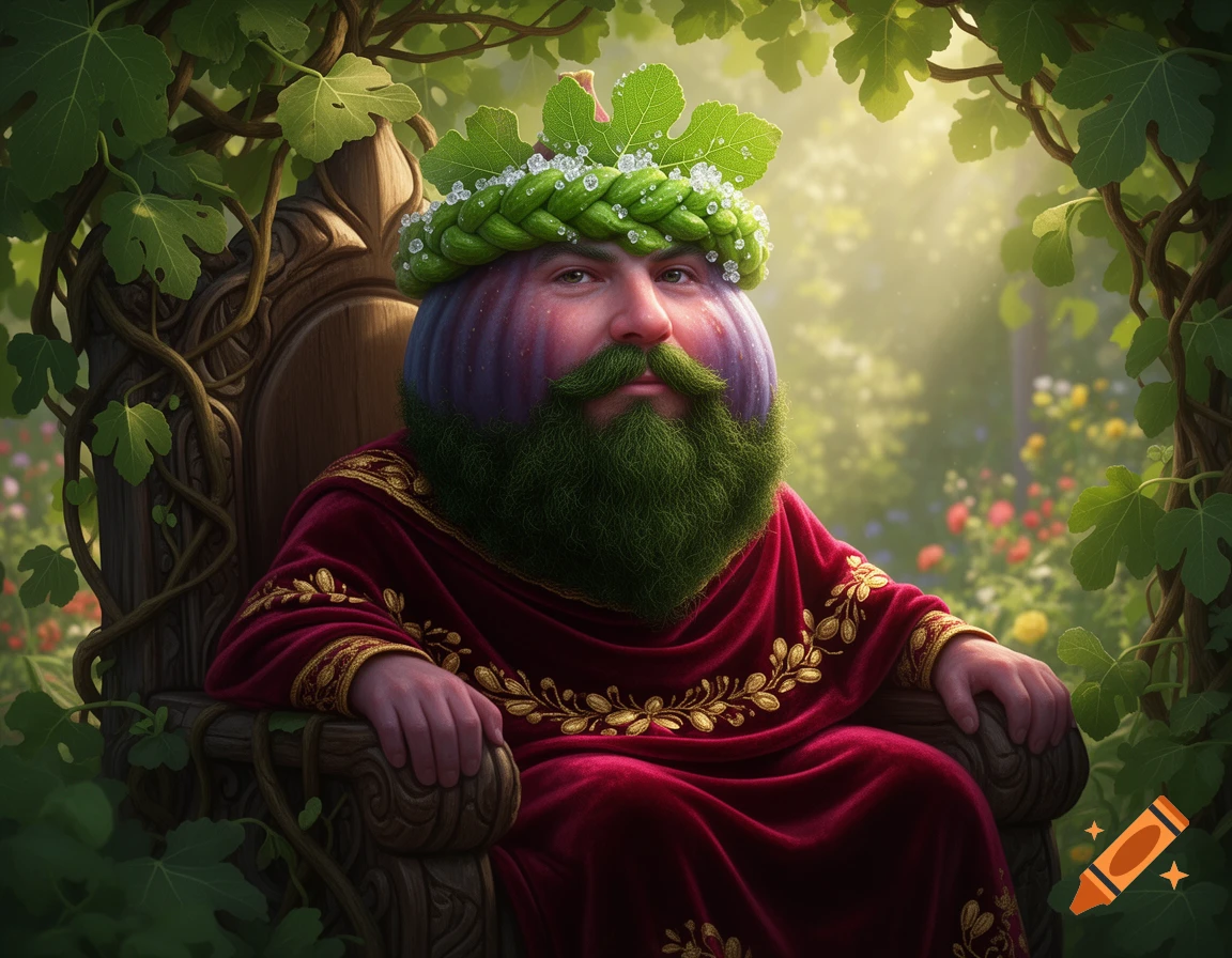Fantasy digital artwork of Florian the Fig Prince, an anthropomorphic fig with a moss beard, leaf crown, red toga, on a vine throne in a sunlit garden.
