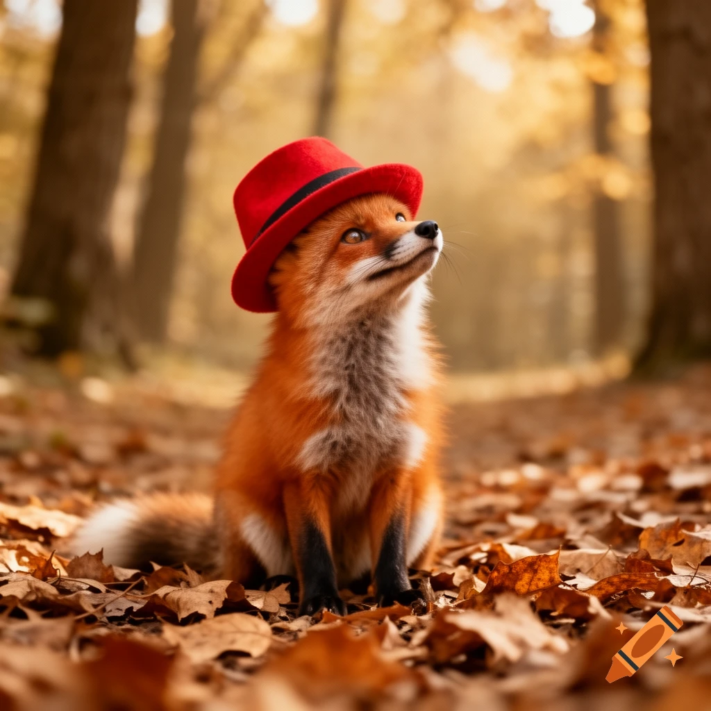 A photorealistic fox in a red hat sits among fallen autumn leaves in a sunlit forest, looking up.
