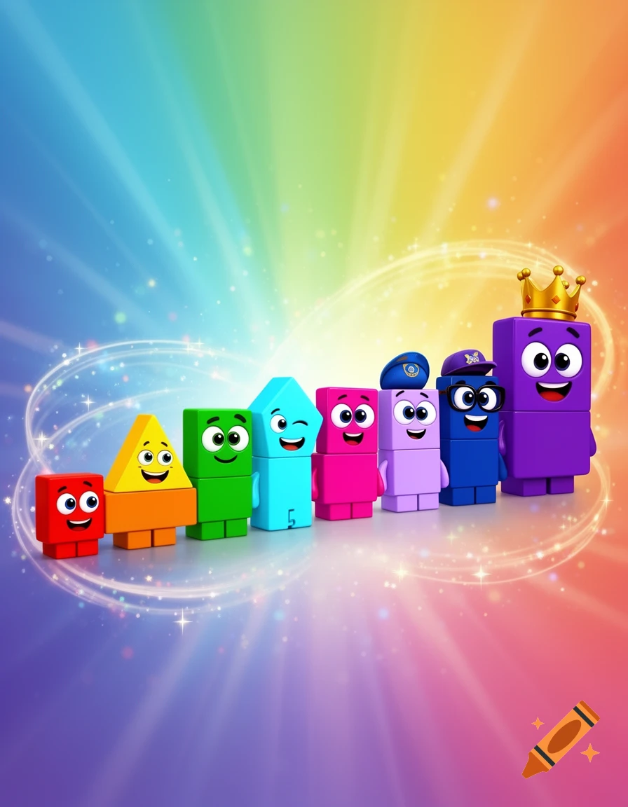 Seven colorful cartoon block characters, including one with a crown, stand in a line on a sparkling rainbow background.