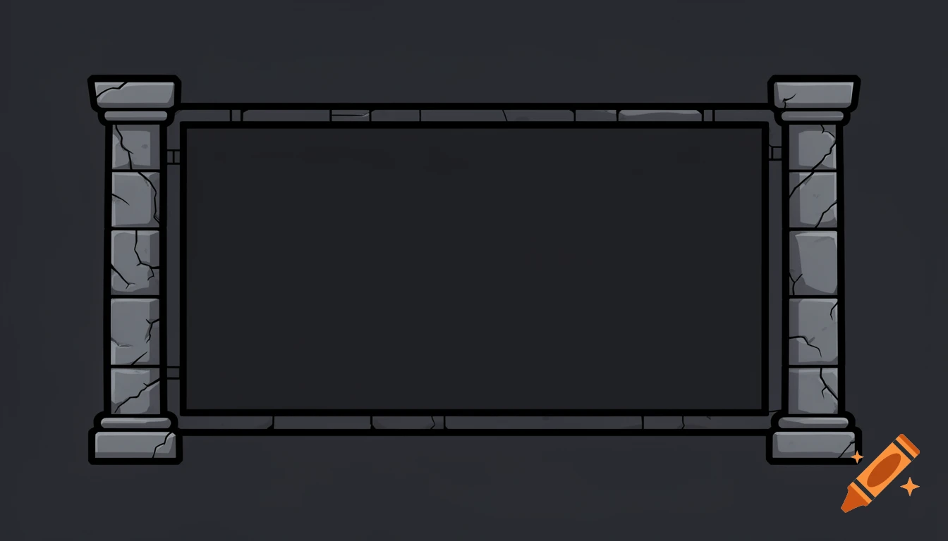 Flat cartoon game UI frame with two cracked stone pillars on a dark background.