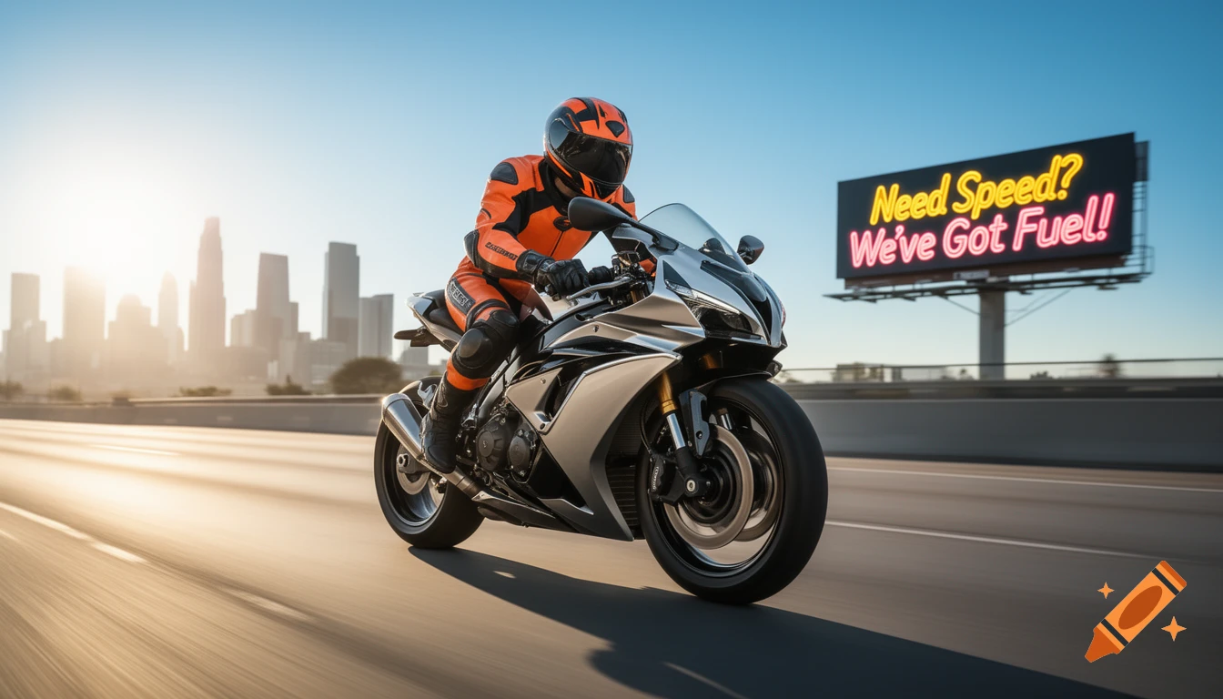 A person in orange racing gear rides a silver motorcycle on a highway with a city skyline and a billboard displaying "Need Speed? We've Got Fuel!"