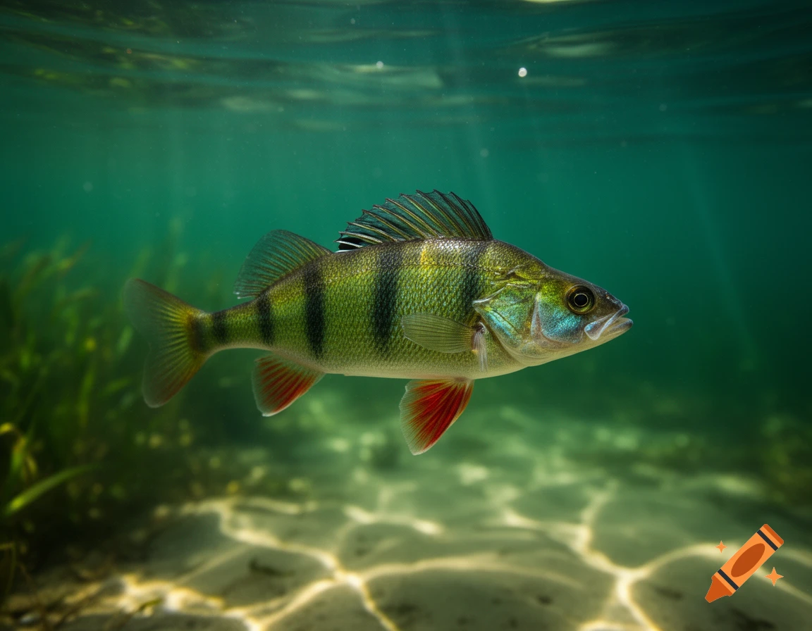 A vibrant green and striped perch fish swims in clear, greenish water above a sunlit sandy bottom with aquatic plants.