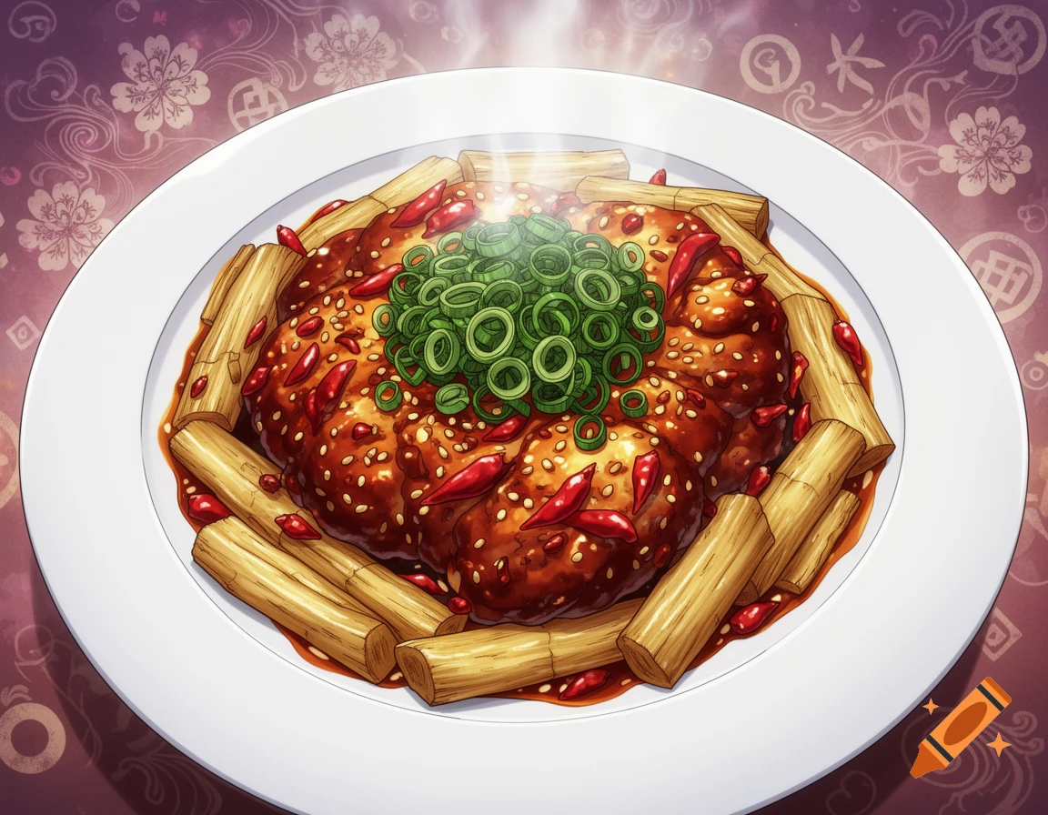 A close-up, top-down illustration of Szechuan spicy chicken with bamboo shoots, topped with green onions and red chili peppers on a white plate with a patterned background.