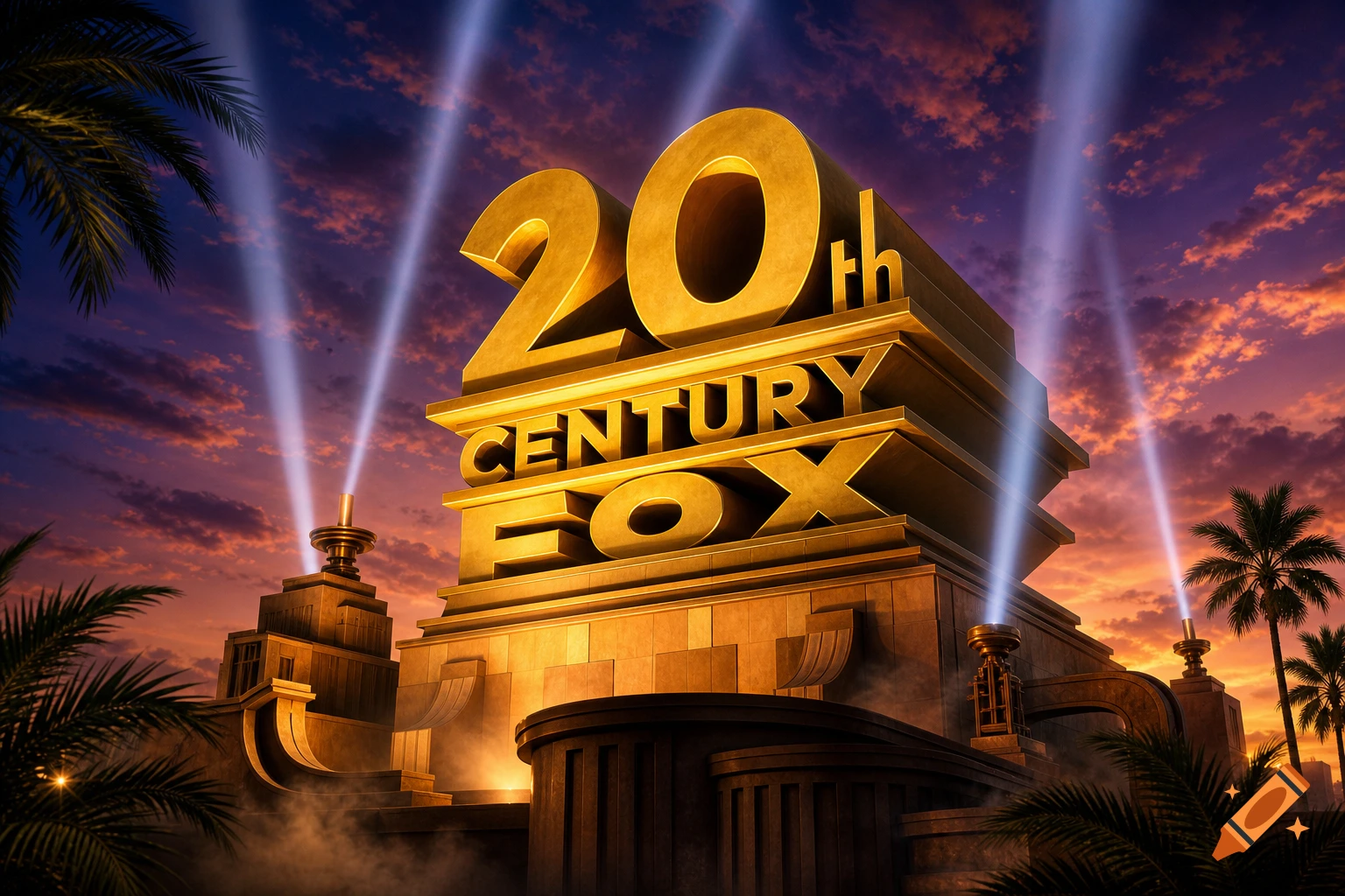 The iconic 20th Century Fox logo, a golden structure with bold text and searchlights against a dramatic sunset sky with palm trees.