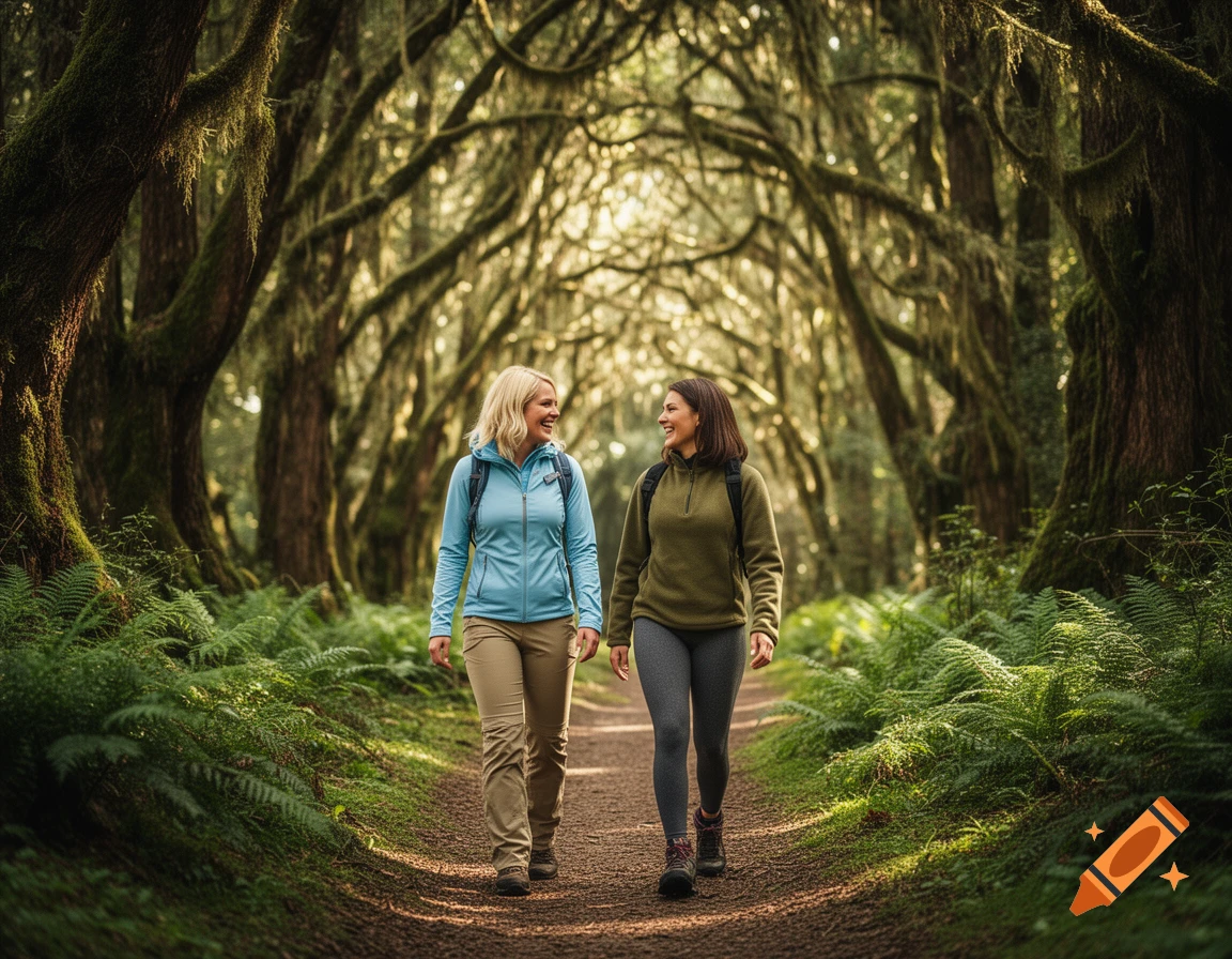 Two women hike along a forest path, surrounded by moss-covered trees and ferns, with sunlight filtering through.